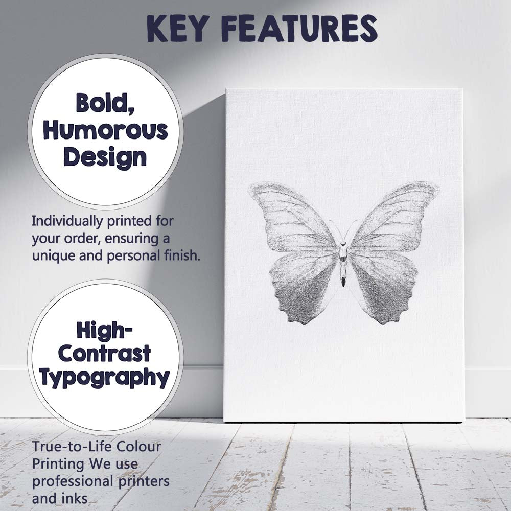 Elegant Monochrome Butterfly Detailed Nature Illustration Minimalist Canvas Wall Art Print Decor Picture Ready to Hang