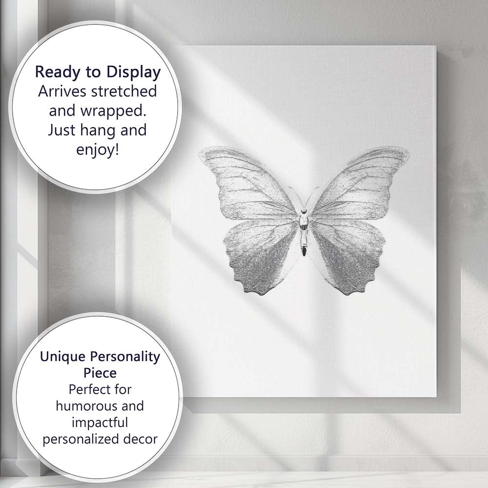 Elegant Monochrome Butterfly Detailed Nature Illustration Minimalist Canvas Wall Art Print Decor Picture Ready to Hang
