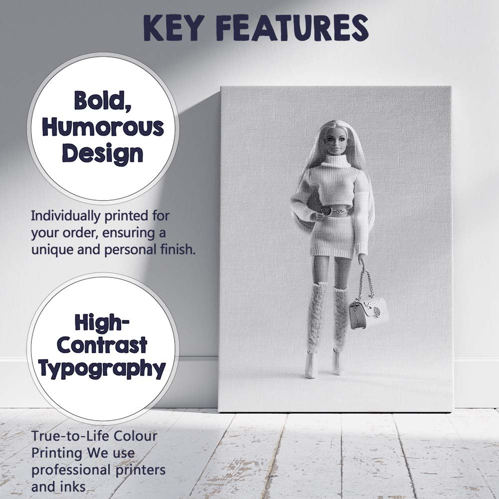 Monochrome Fashion Doll Luxury Outfit Studio Portrait Canvas Wall Art Print Decor Picture Ready to Hang