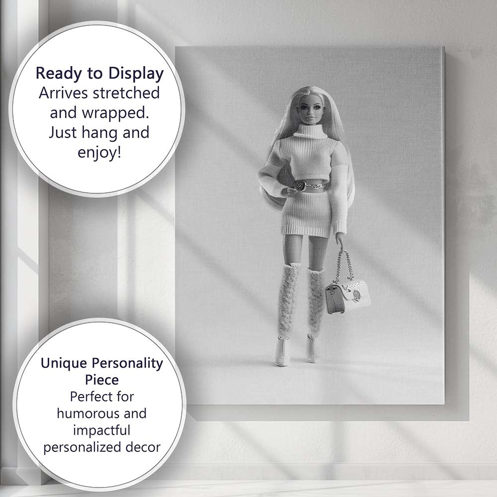 Monochrome Fashion Doll Luxury Outfit Studio Portrait Canvas Wall Art Print Decor Picture Ready to Hang
