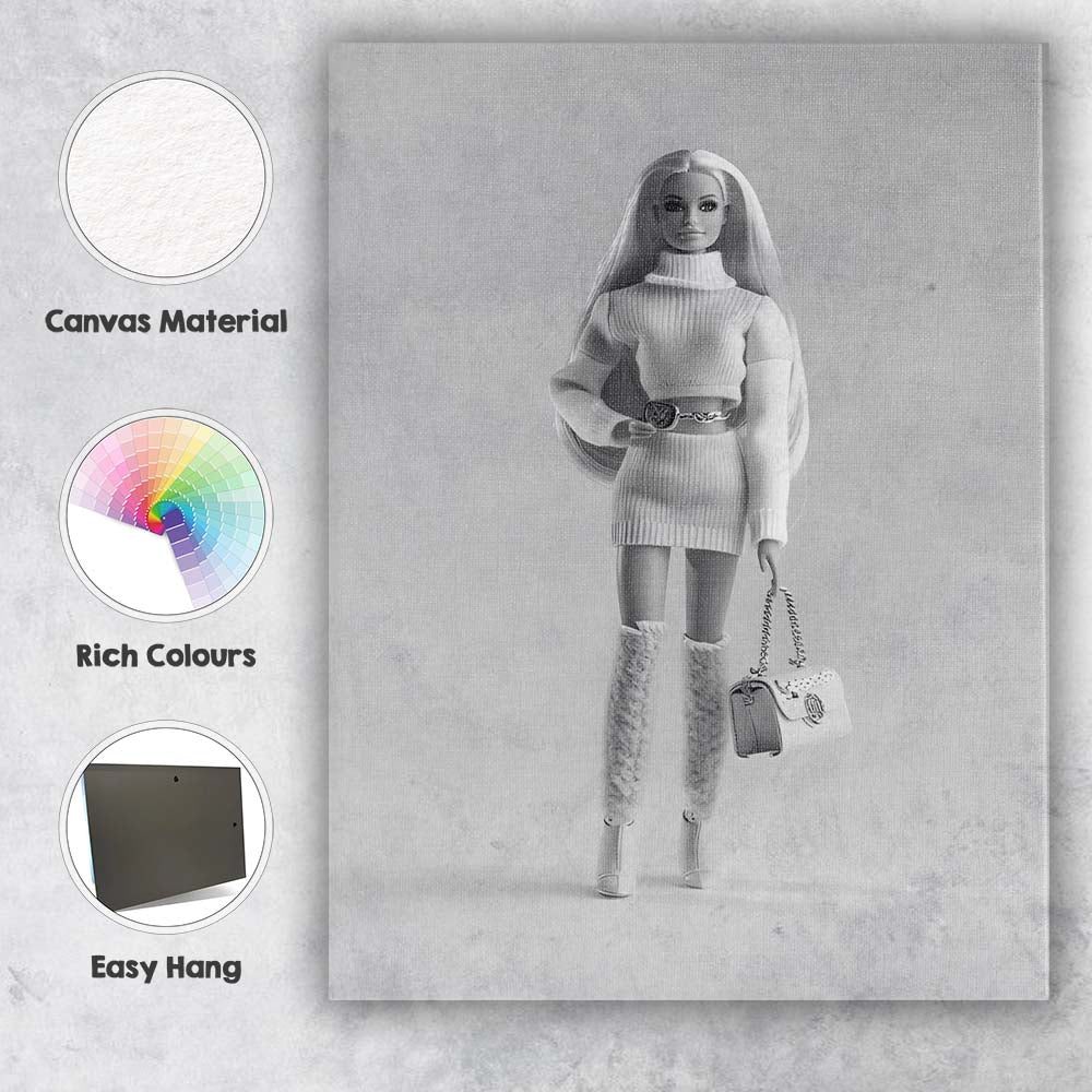 Monochrome Fashion Doll Luxury Outfit Studio Portrait Canvas Wall Art Print Decor Picture Ready to Hang