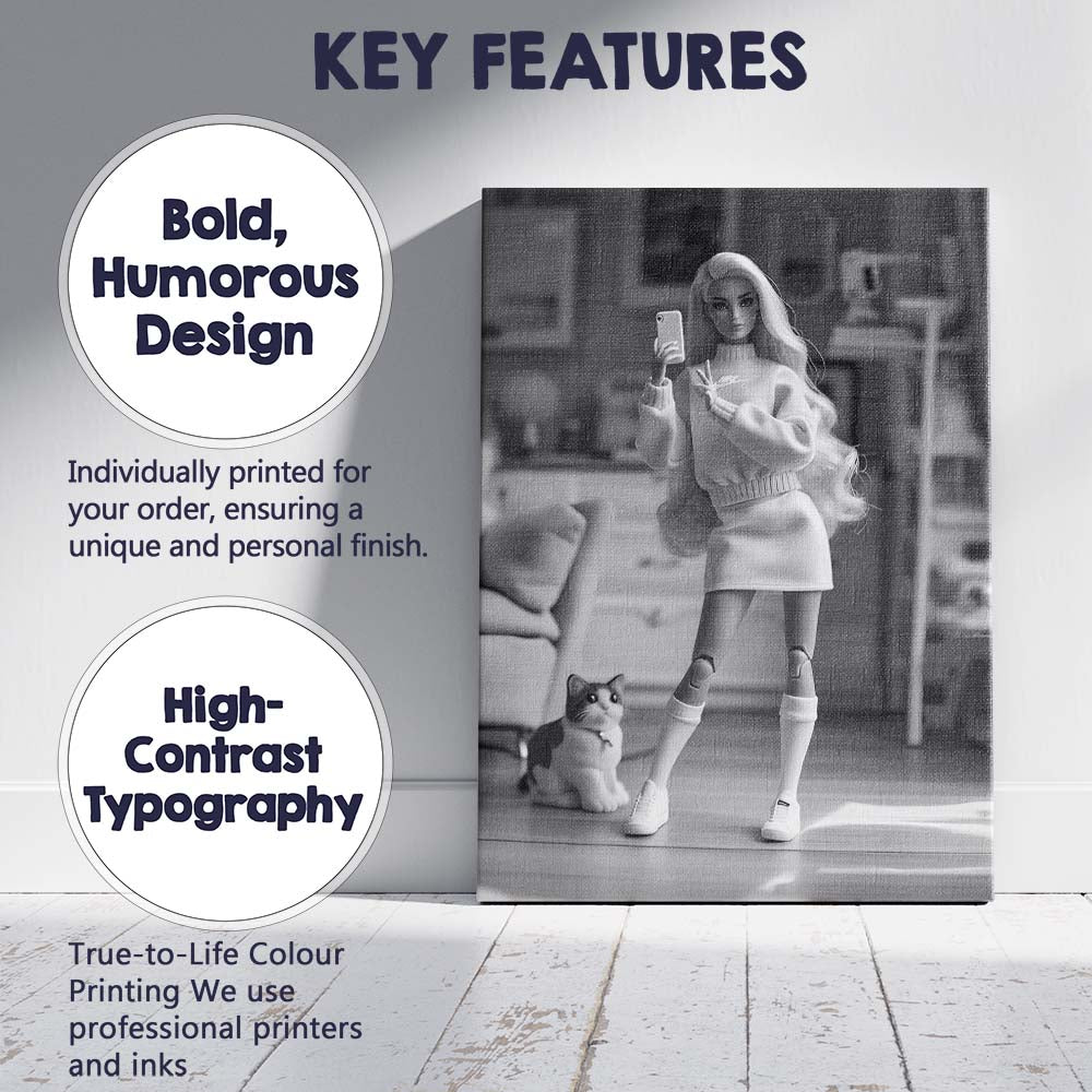 Fashion Doll Taking Selfie With Cat Monochrome Lifestyle Canvas Wall Art Print Decor Picture Ready to Hang