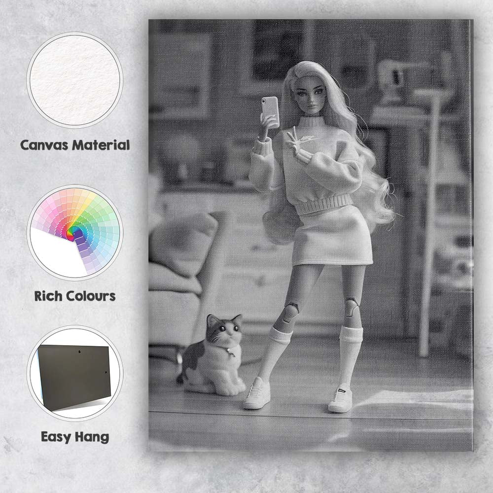 Fashion Doll Taking Selfie With Cat Monochrome Lifestyle Canvas Wall Art Print Decor Picture Ready to Hang