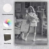 Fashion Doll Taking Selfie With Cat Monochrome Lifestyle Canvas Wall Art Print Decor Picture Ready to Hang