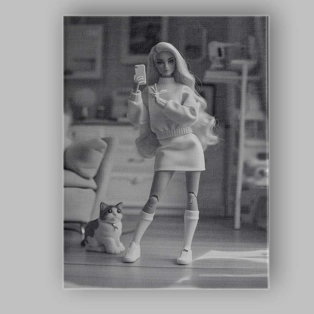 Fashion Doll Taking Selfie With Cat Monochrome Lifestyle Canvas Wall Art Print Decor Picture Ready to Hang