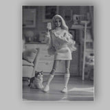 Fashion Doll Taking Selfie With Cat Monochrome Lifestyle Canvas Wall Art Print Decor Picture Ready to Hang