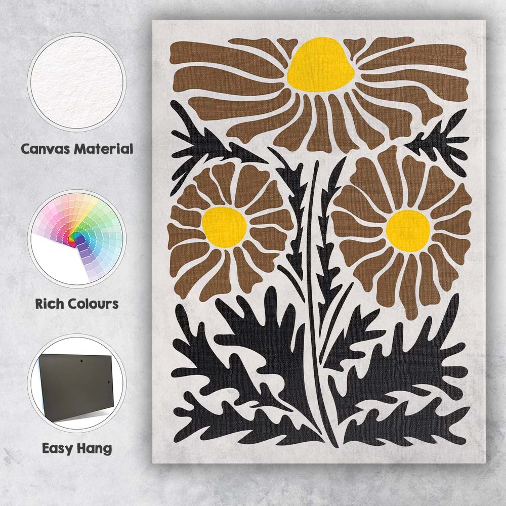 Mid Century Modern Brown Daisy Wildflower Botanical Illustration Canvas Wall Art Print Decor Picture Ready to Hang