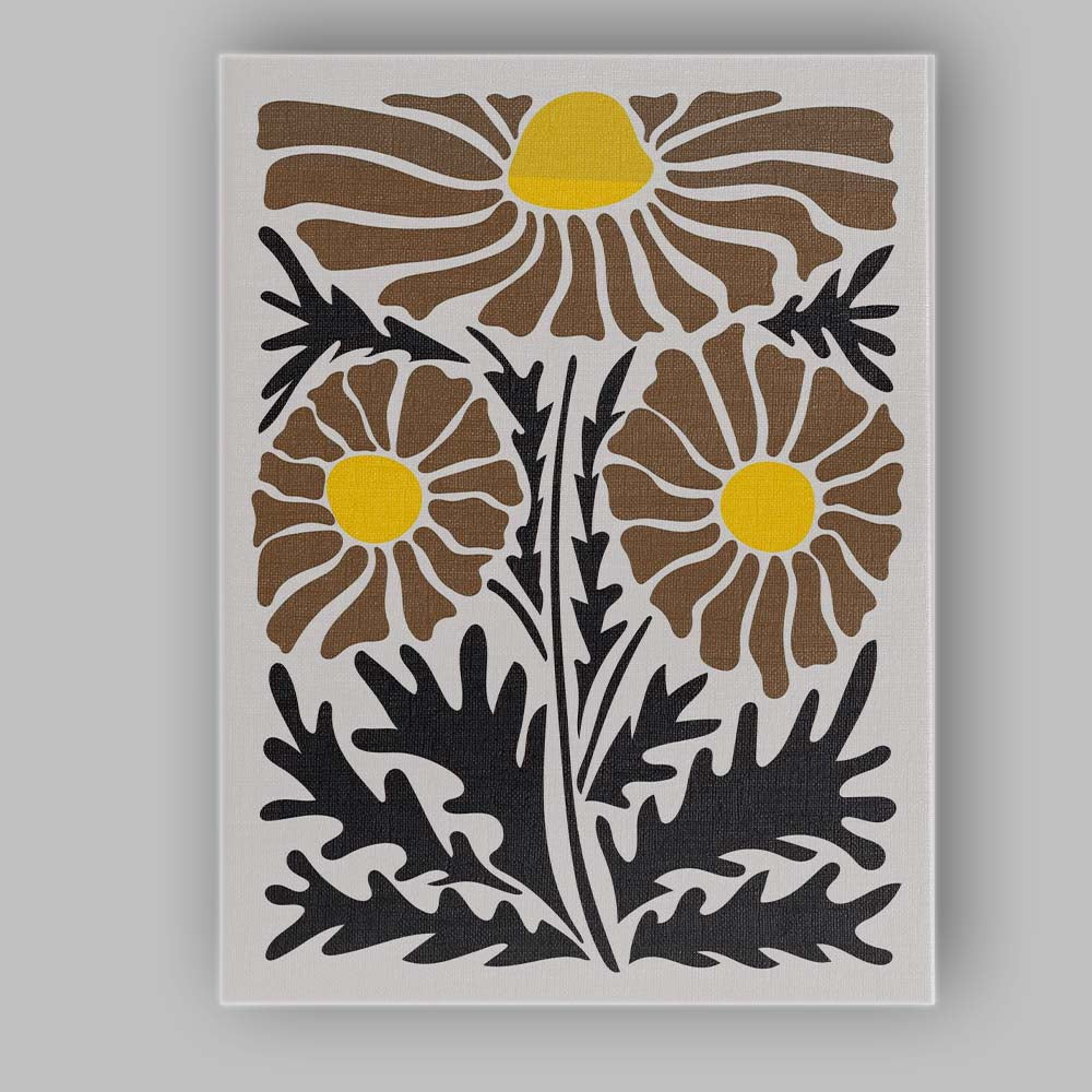 Mid Century Modern Brown Daisy Wildflower Botanical Illustration Canvas Wall Art Print Decor Picture Ready to Hang