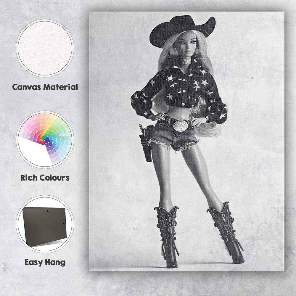 Black White Western Cowgirl Fashion Doll Portrait Canvas Wall Art Print Decor Picture Ready to Hang