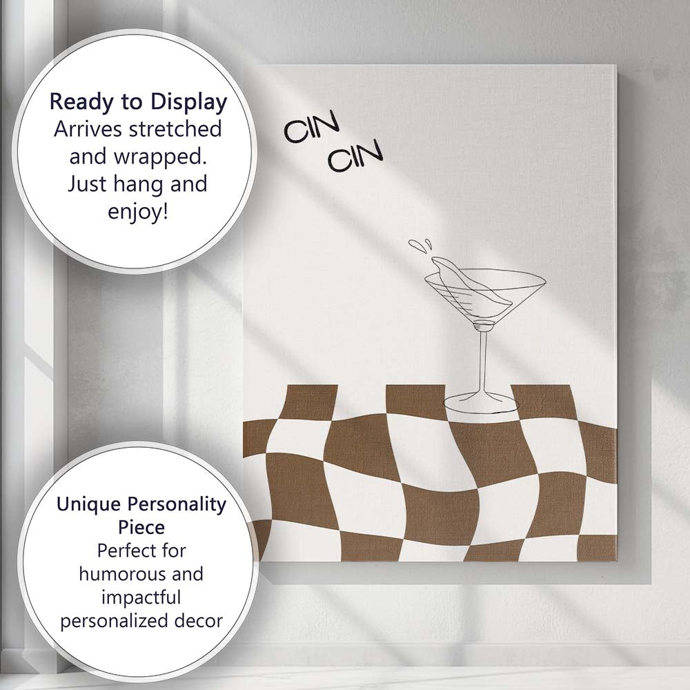 Minimalist Martini Cocktail Line Art Brown Checkerboard Abstract Canvas Wall Art Print Decor Picture Ready to Hang