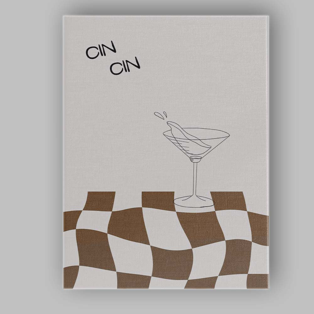 Minimalist Martini Cocktail Line Art Brown Checkerboard Abstract Canvas Wall Art Print Decor Picture Ready to Hang