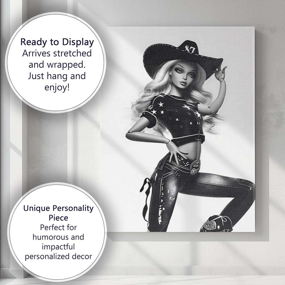 Black White Western Cowgirl Fashion Doll Portrait Canvas Wall Art Print Decor Picture Ready to Hang
