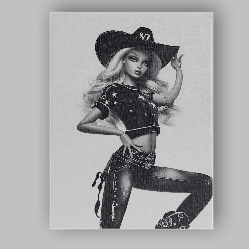 Black White Western Cowgirl Fashion Doll Portrait Canvas Wall Art Print Decor Picture Ready to Hang
