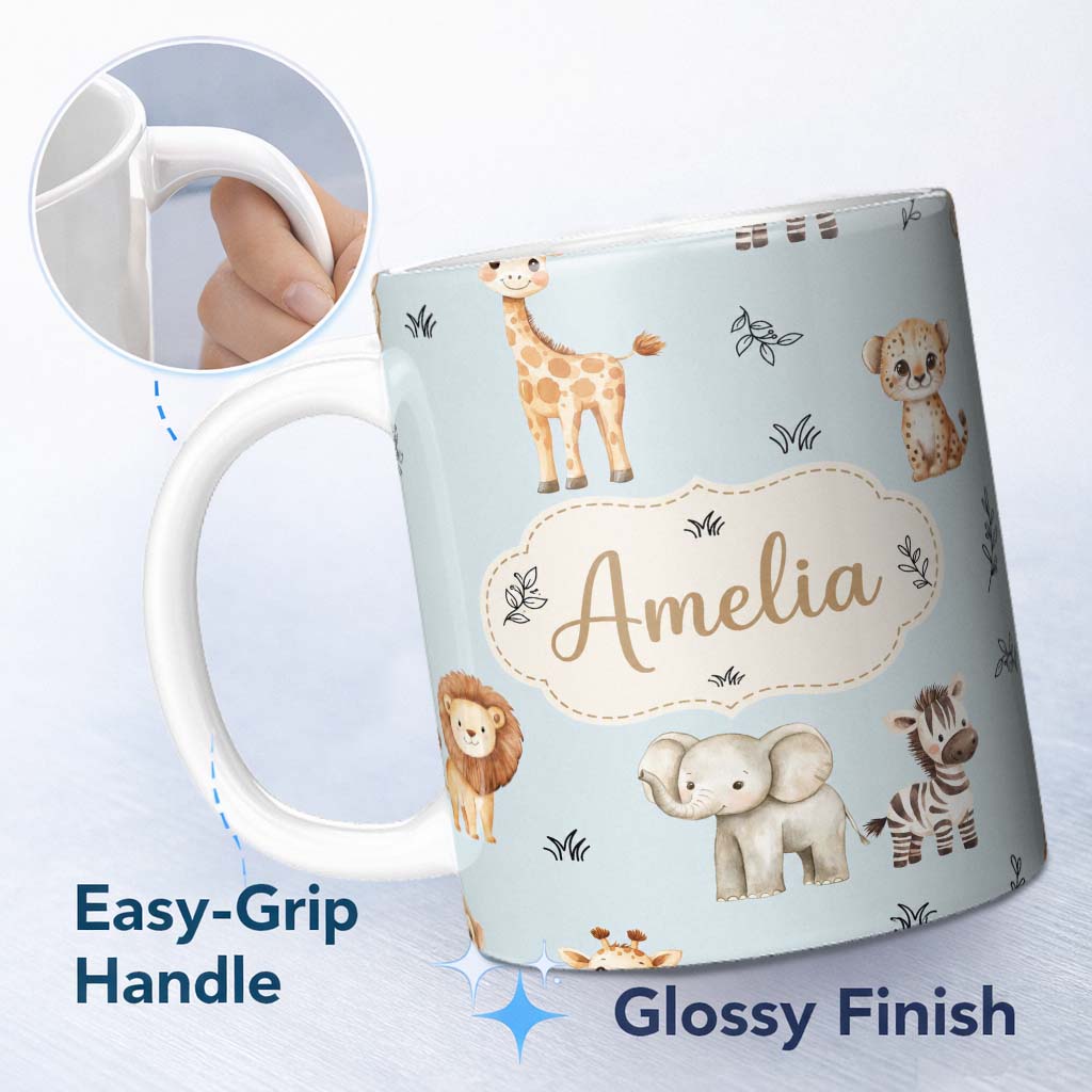 Personalized Custom Name Safari Animals with Elephant Lion and Leopard Cub on Soft Blue 11oz Ceramic Coffee Tea Mug White Large Handle