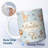 Personalized Custom Name Safari Animals with Elephant Lion and Leopard Cub on Soft Blue 11oz Ceramic Coffee Tea Mug White Large Handle