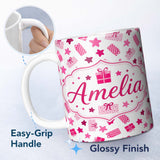 Personalized Custom Name Cute Pink Gift Box Star Festive Seamless Pattern Cute Unique Gift 11oz Ceramic Coffee Tea Mug White Large Handle