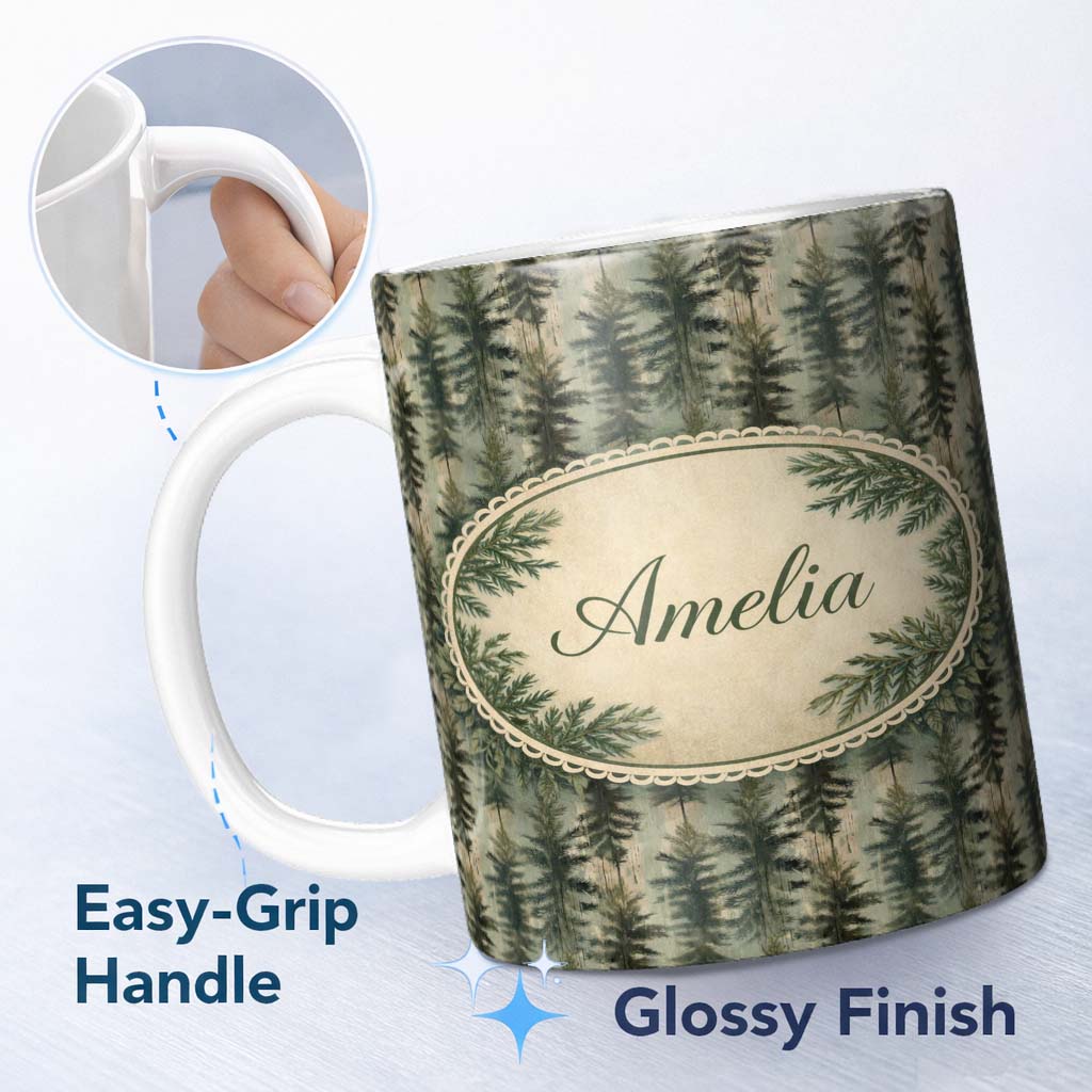 Personalized Custom Name Pine Forest Tree Pattern in Muted Green Tones on Neutral Background 11oz Ceramic Coffee Tea Mug White Large Handle