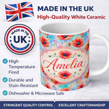 Personalized Custom Name Bright Poppy Flowers on Soft Blue Watercolor Background Seamless 11oz Ceramic Coffee Tea Mug White Large Handle