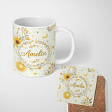 Personalized Custom Name Yellow Sunflowers with Soft Botanical Background Seamless Pattern 11oz Ceramic Coffee Tea Mug White Large Handle