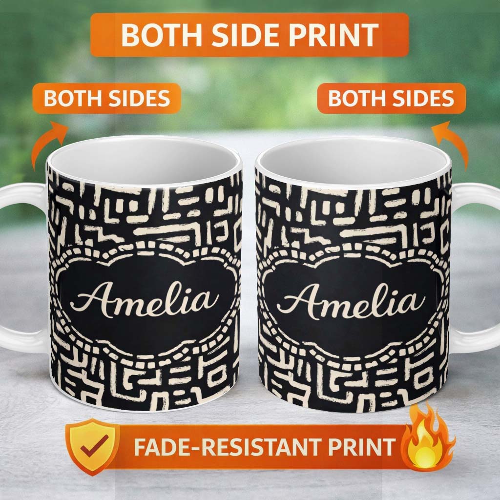 Personalized Custom Name Tribal Maze Lines Black Cream Geometric Abstract Pattern Lovely 11oz Ceramic Coffee Tea Mug White Large Handle