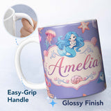 Personalized Custom Name Mermaid Ocean Friends Jellyfish Starfish Purple Background Lovely 11oz Ceramic Coffee Tea Mug White Large Handle