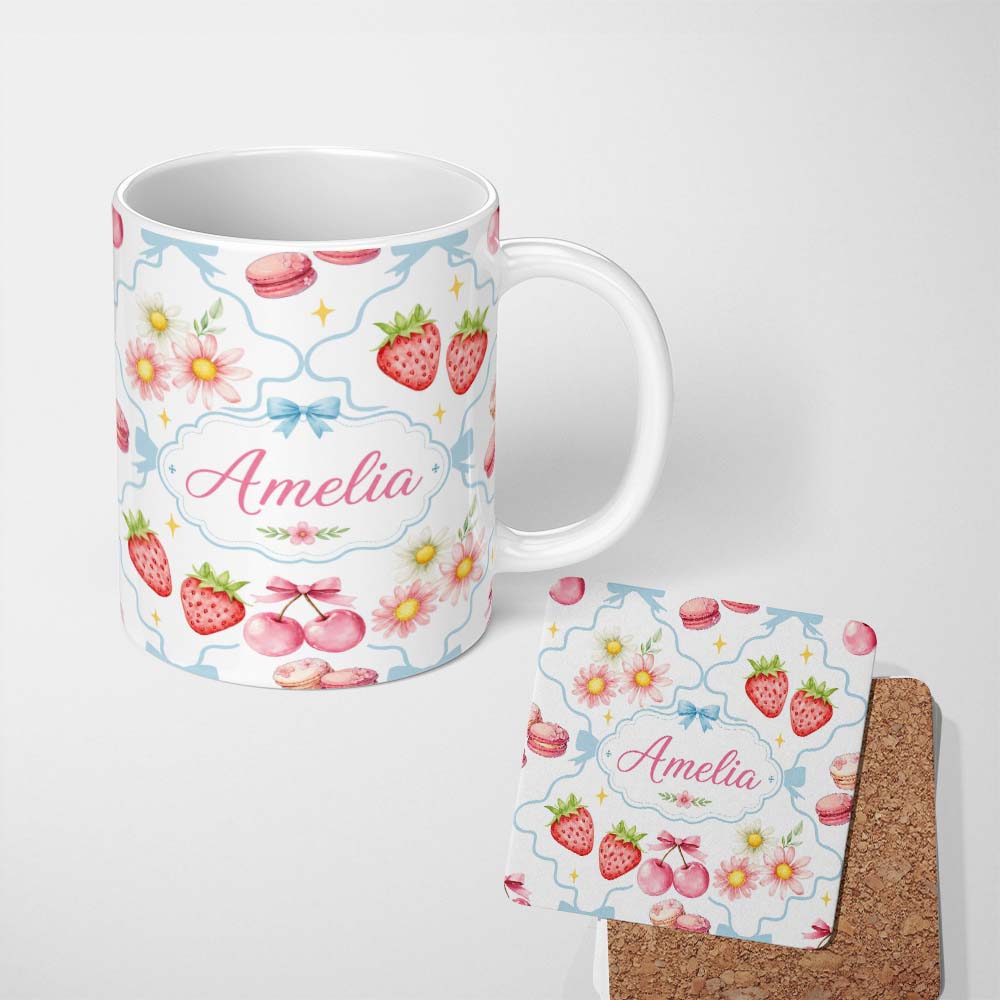 Personalized Custom Name Strawberry Cherry Daisy Floral Bow Sweet Dessert Soft Blue Outline 11oz Ceramic Coffee Tea Mug White Large Handle