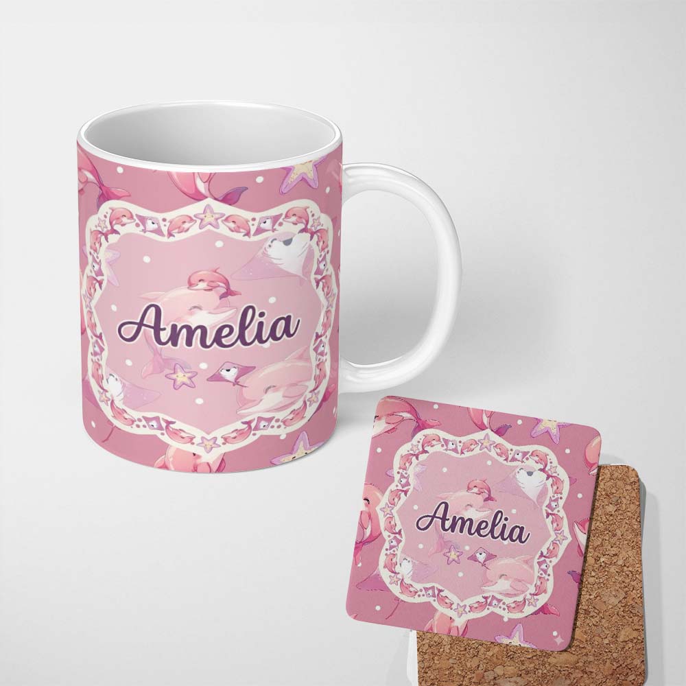 Personalized Custom Name Cute Pink Dolphins and Starfish Seamless Ocean Pink Polka Dot Lovely 11oz Ceramic Coffee Tea Mug White Large Handle