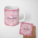 Personalized Custom Name Cute Pink Dolphins and Starfish Seamless Ocean Pink Polka Dot Lovely 11oz Ceramic Coffee Tea Mug White Large Handle