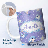 Personalized Custom Name Cute Dolphin Stingray Starfish Ocean Sea Life Blue Purple Background 11oz Ceramic Coffee Tea Mug White Large Handle
