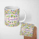 Personalized Custom Name Colorful Pastel Cactus Succulent Garden Bright Seamless Pattern 11oz Ceramic Coffee Tea Mug White Large Handle