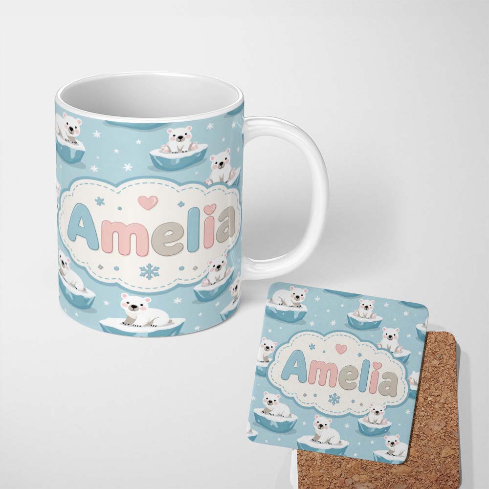 Personalized Custom Name Cute Polar Bear Cubs Floating Ice Winter Snowflakes Seamless Pattern 11oz Ceramic Coffee Tea Mug White Large Handle
