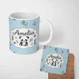 Personalized Custom Name Cute Panda Bear with Bamboo Leaves Floral Seamless Pattern Blue 11oz Ceramic Coffee Tea Mug White Large Handle