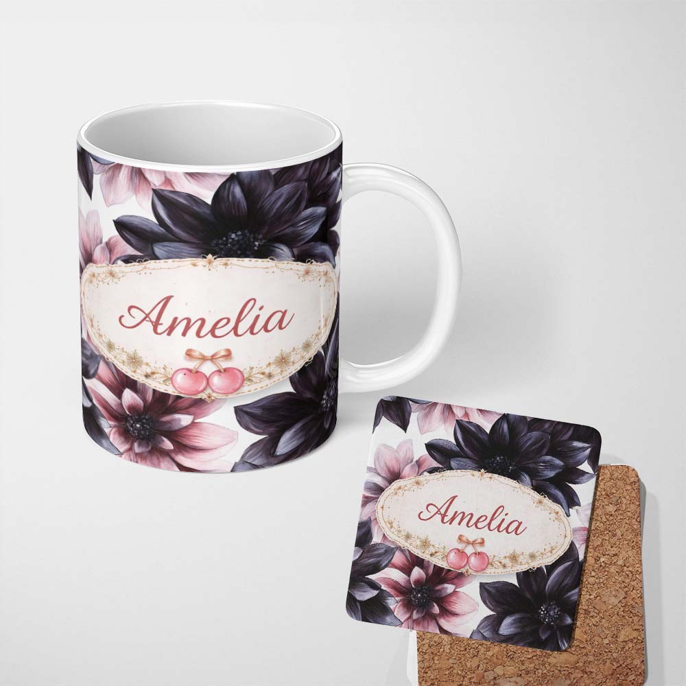 Personalized Custom Name Dark Gothic Floral Dahlia Black Pink Elegant Flower Pattern Lovely 11oz Ceramic Coffee Tea Mug White Large Handle