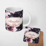 Personalized Custom Name Dark Gothic Floral Dahlia Black Pink Elegant Flower Pattern Lovely 11oz Ceramic Coffee Tea Mug White Large Handle