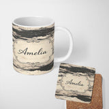Personalized Custom Name Layered Stone Strata Black Cream Abstract Texture Pattern Lovely 11oz Ceramic Coffee Tea Mug White Large Handle