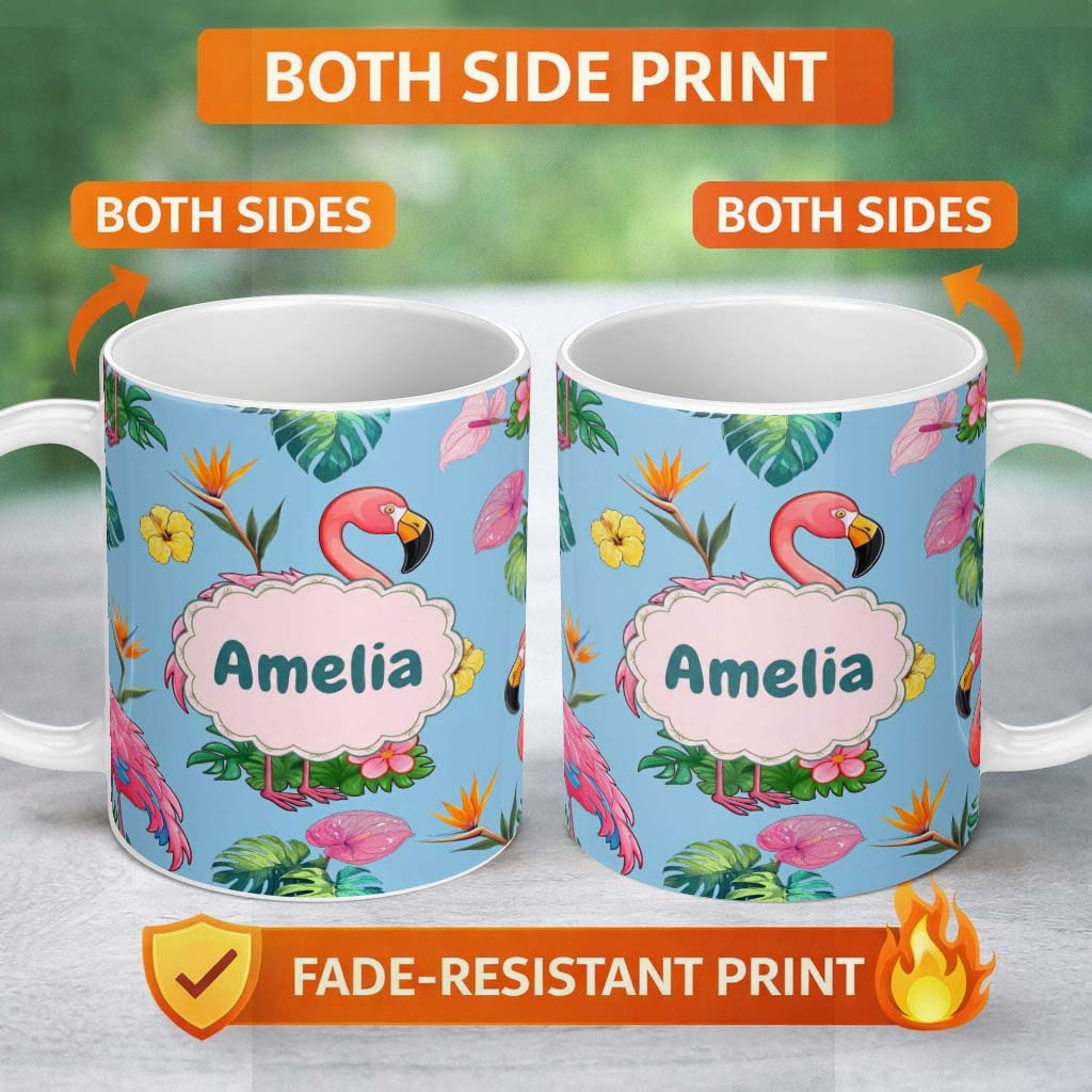 Personalized Custom Name Tropical Flamingo Bird with Exotic Flowers Leaves Pattern Blue 11oz Ceramic Coffee Tea Mug White Large Handle