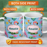 Personalized Custom Name Tropical Flamingo Bird with Exotic Flowers Leaves Pattern Blue 11oz Ceramic Coffee Tea Mug White Large Handle