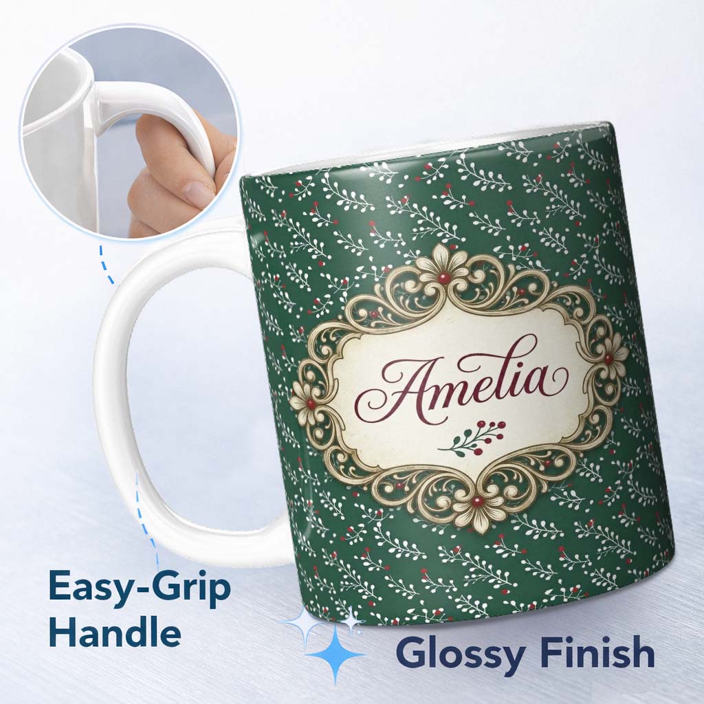 Personalized Custom Name Elegant Floral and Berry Botanical Cream Background Pattern Lovely 11oz Ceramic Coffee Tea Mug White Large Handle
