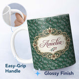 Personalized Custom Name Elegant Floral and Berry Botanical Cream Background Pattern Lovely 11oz Ceramic Coffee Tea Mug White Large Handle