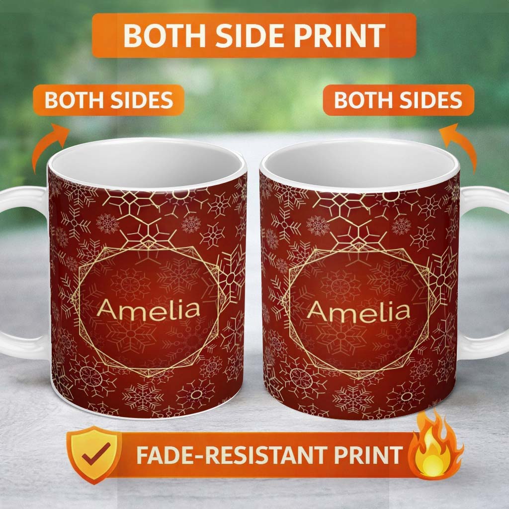 Personalized Custom Name Christmas Snowflake Red Background Seamless Pattern Design Winter 11oz Ceramic Coffee Tea Mug White Large Handle