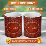 Personalized Custom Name Christmas Snowflake Red Background Seamless Pattern Design Winter 11oz Ceramic Coffee Tea Mug White Large Handle