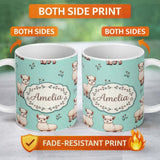 Personalized Custom Name Cute Alpaca Llama Pattern with Floral Sprigs on Teal Background 11oz Ceramic Coffee Tea Mug White Large Handle