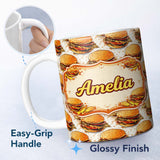 Personalized Custom Name Sketch Style Burger Seamless Pattern Fast Food Illustration Design 11oz Ceramic Coffee Tea Mug White Large Handle