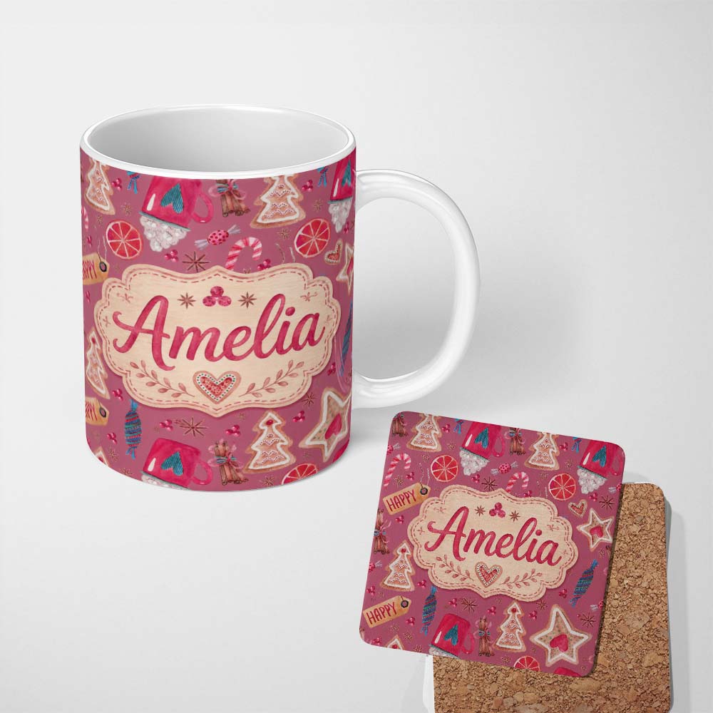 Personalized Custom Name Watercolor Christmas Cookies Candy Mug Festive Seamless Pattern 11oz Ceramic Coffee Tea Mug White Large Handle