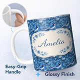 Personalized Custom Name Blue Bird Floral Branch Silhouette Blue Tone Seamless Pattern Lovely 11oz Ceramic Coffee Tea Mug White Large Handle