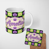 Personalized Custom Name Cute Halloween Pumpkin Faces Green Black Checker Seamless Pattern 11oz Ceramic Coffee Tea Mug White Large Handle