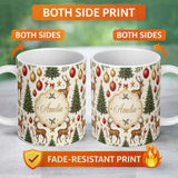 Personalized Custom Name Cute Reindeer Christmas Trees Baubles and Festive Holiday Elements 11oz Ceramic Coffee Tea Mug White Large Handle