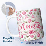 Personalized Custom Name Watercolor Pink Christmas Ornaments Pine Branch Seamless Pattern 11oz Ceramic Coffee Tea Mug White Large Handle
