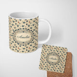 Personalized Custom Name Elegant Blue Hearts Floral Vine Pattern on Beige Background Seamless 11oz Ceramic Coffee Tea Mug White Large Handle