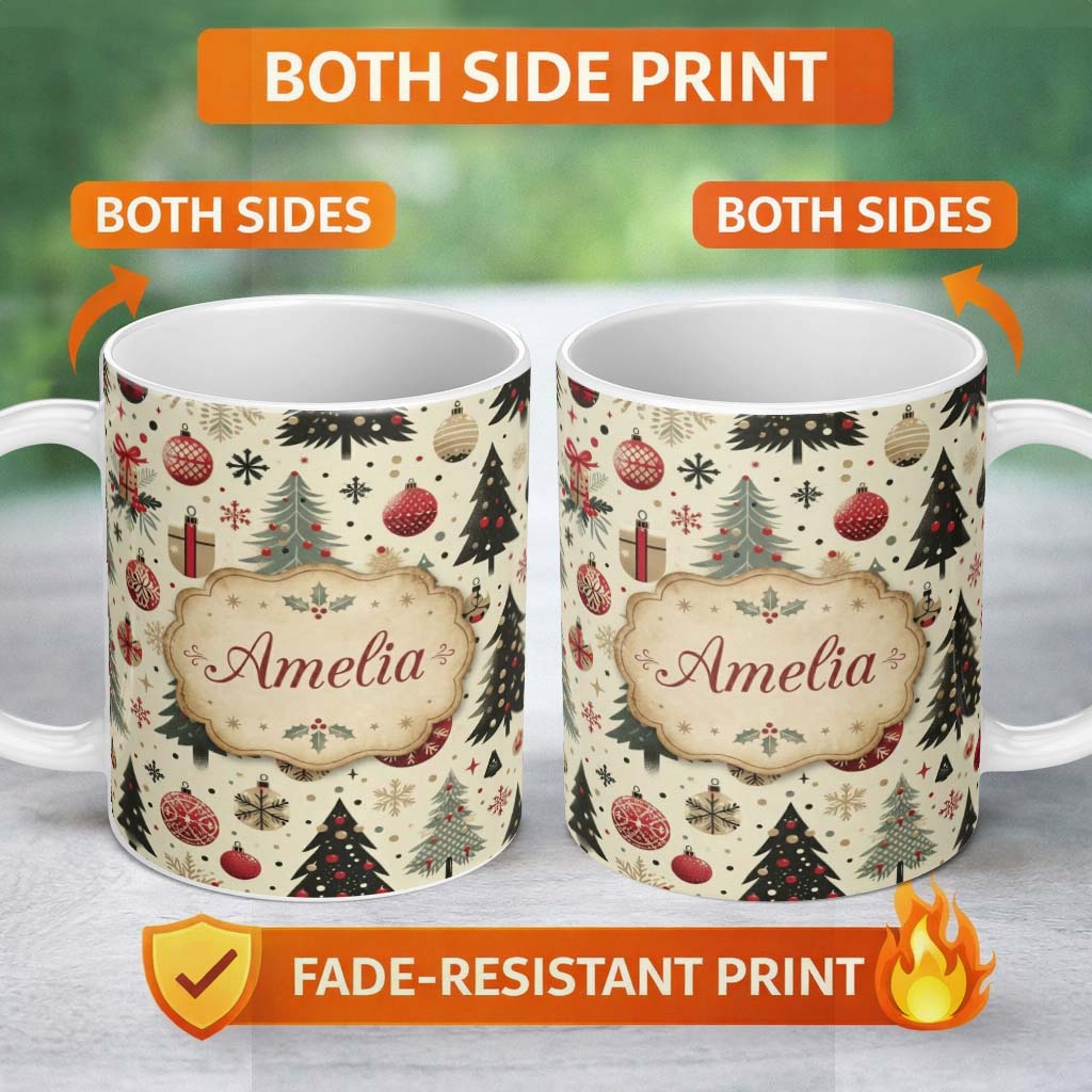 Personalized Custom Name Scandinavian Christmas Trees Baubles Snowflakes Nordic Seamless 11oz Ceramic Coffee Tea Mug White Large Handle